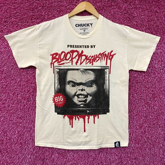 Bloody Disgusting X Chucky Child's Play Horror Beige T-Shirt Medium - Picture 1 of 5